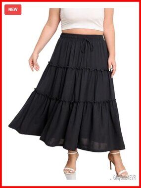 Plus Size Maxi Skirt Elastic High Waisted A Line Tiered Flowy Pockets